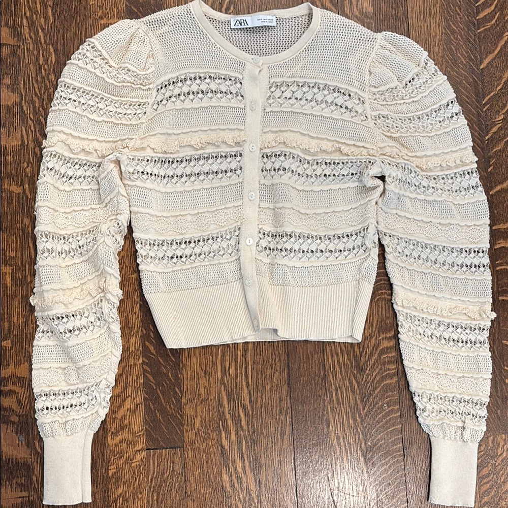 Zara Lace Combination Knit Cream Cardigan Small